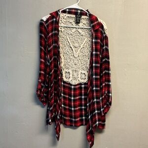 Red and Black Plaid Open Cardigan with Lace Back size L 0106
